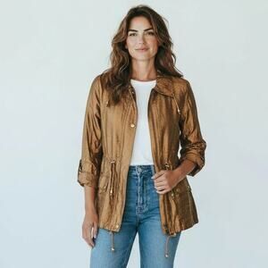 Ruby Rd. Womens Copper Metallic Windbreaker Crinkle Stretch Zip Front Size 8